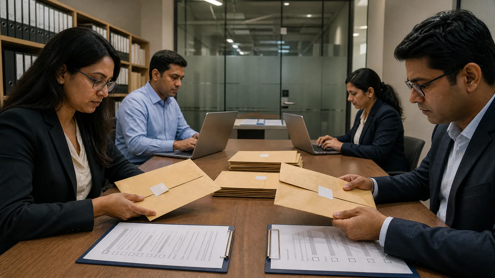 Compliance reviewers examine client-record and cybersecurity controls at a securities office.