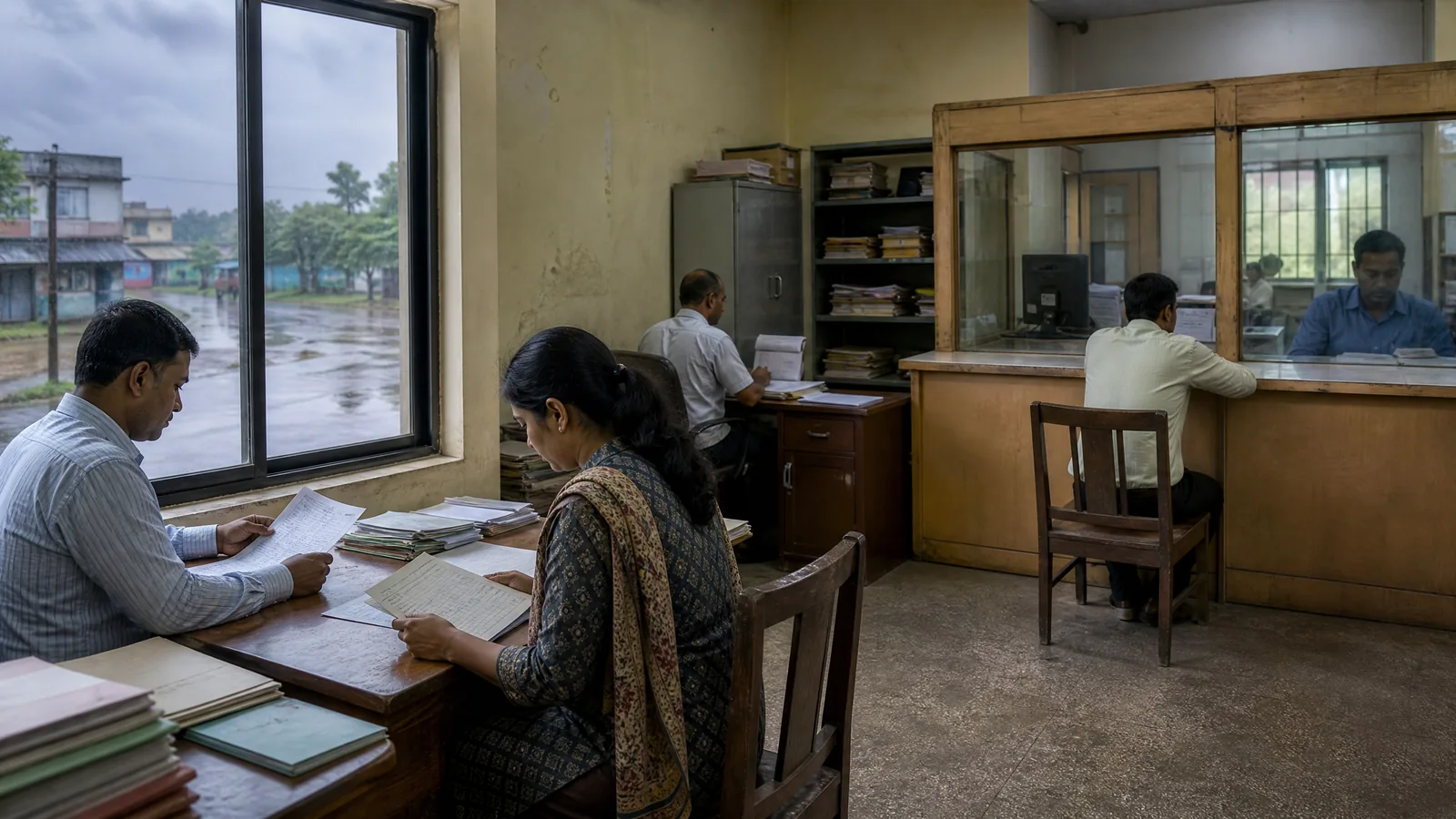 Bank staff review anonymized calamity-relief records in a rural branch after monsoon weather.