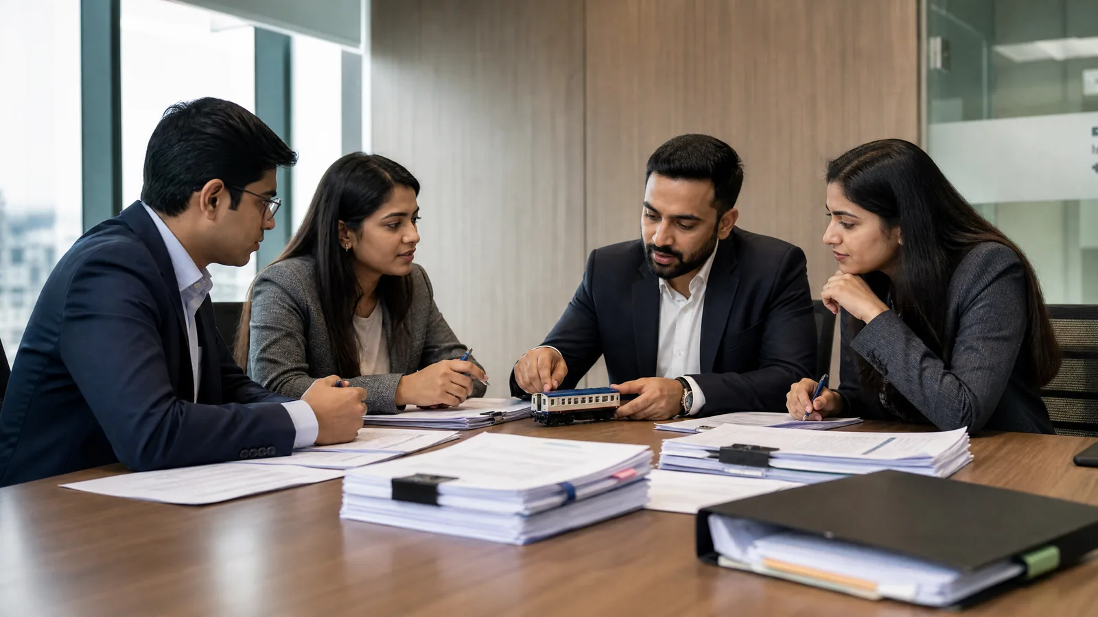 Corporate professionals compare different types of company disclosures and signed documents.