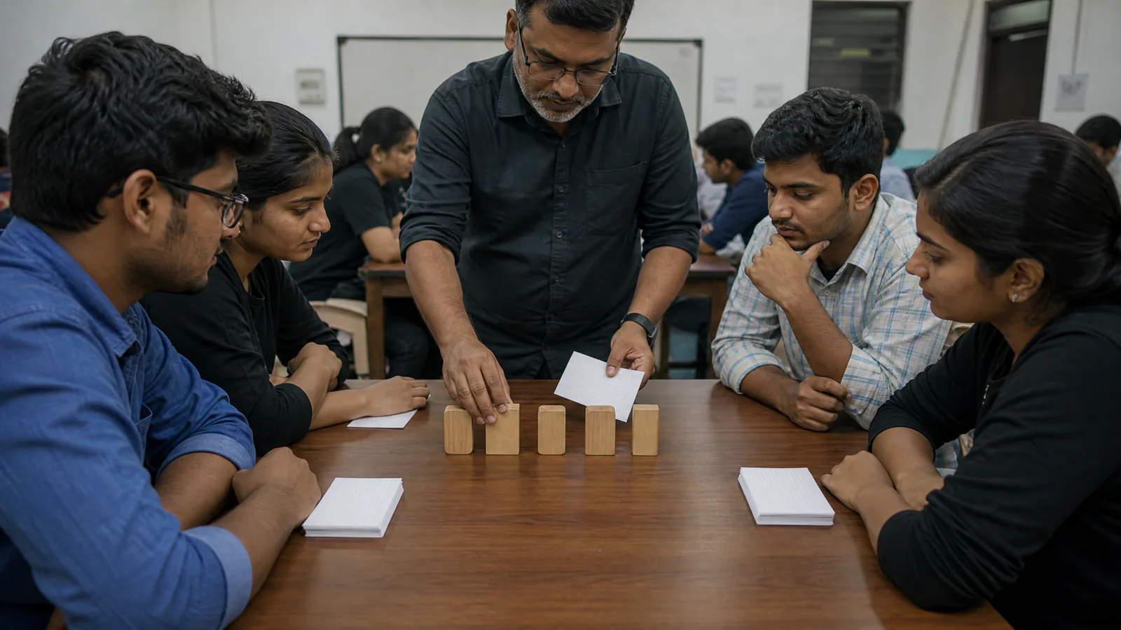 Students use wooden blocks and blank ledger cards to learn how shared-record validation works.