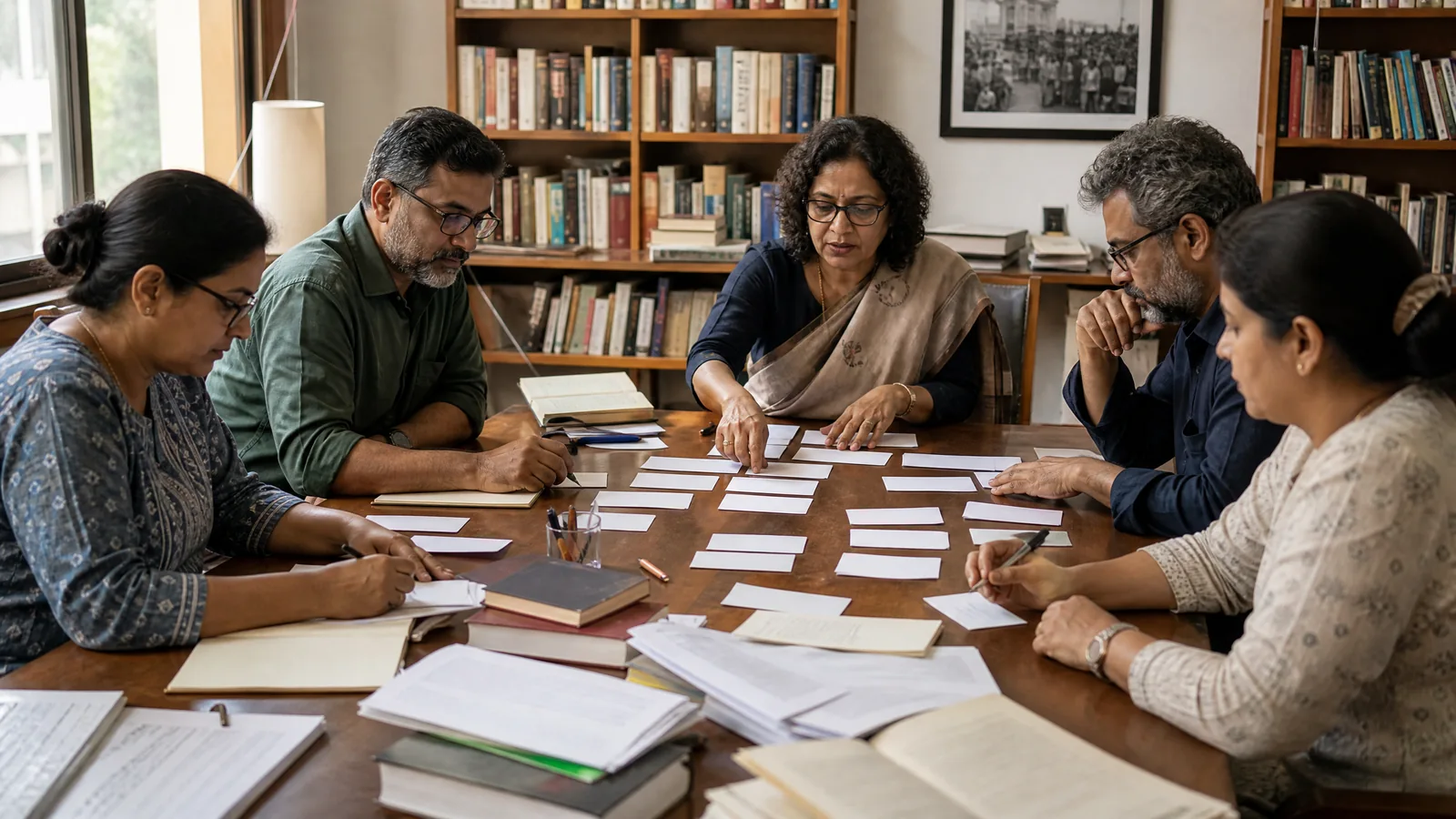 Finance editors sort blank concept cards during a newsroom glossary workshop.