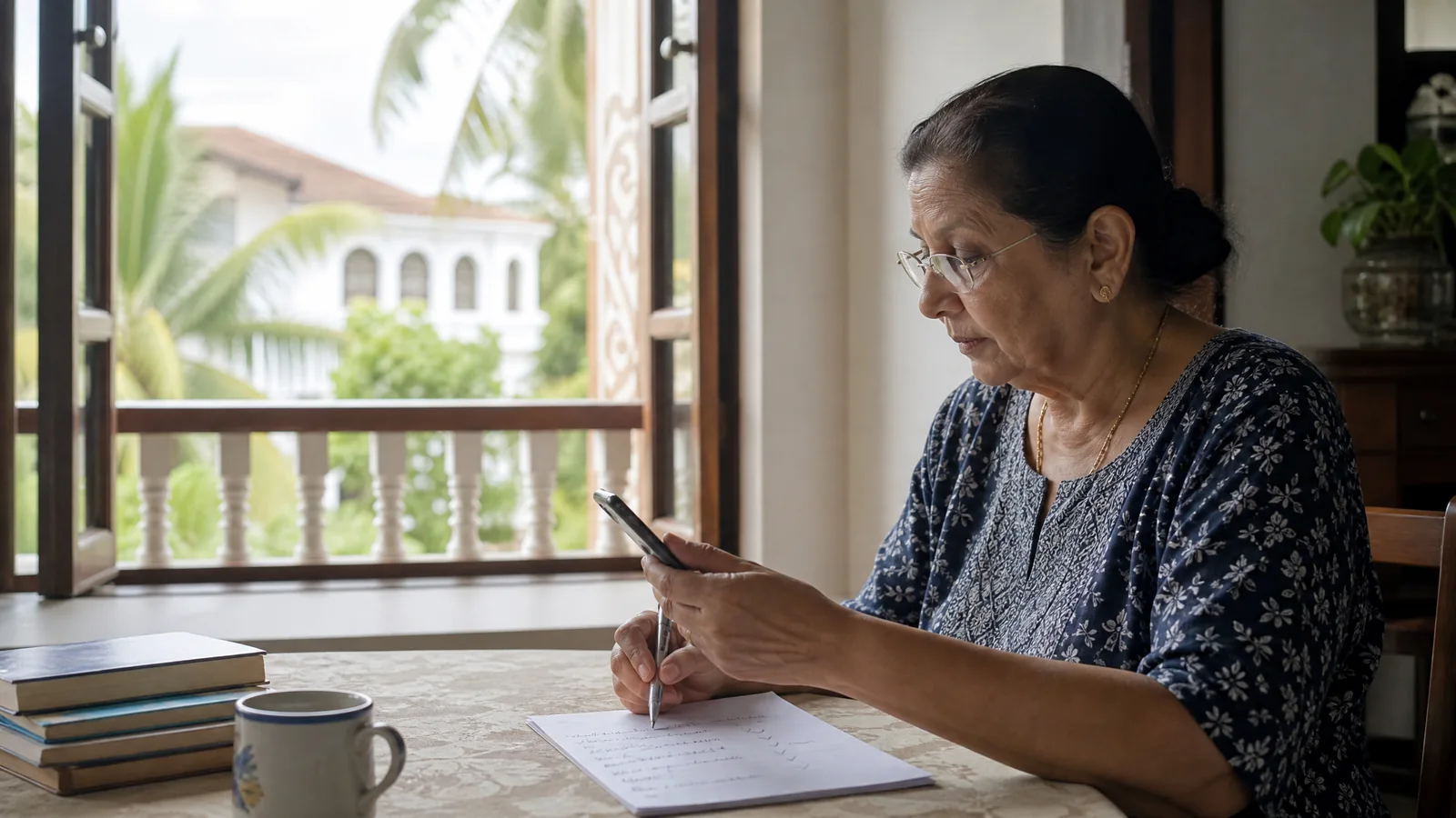 A careful Goa reader verifies a financial message against a handwritten checklist.