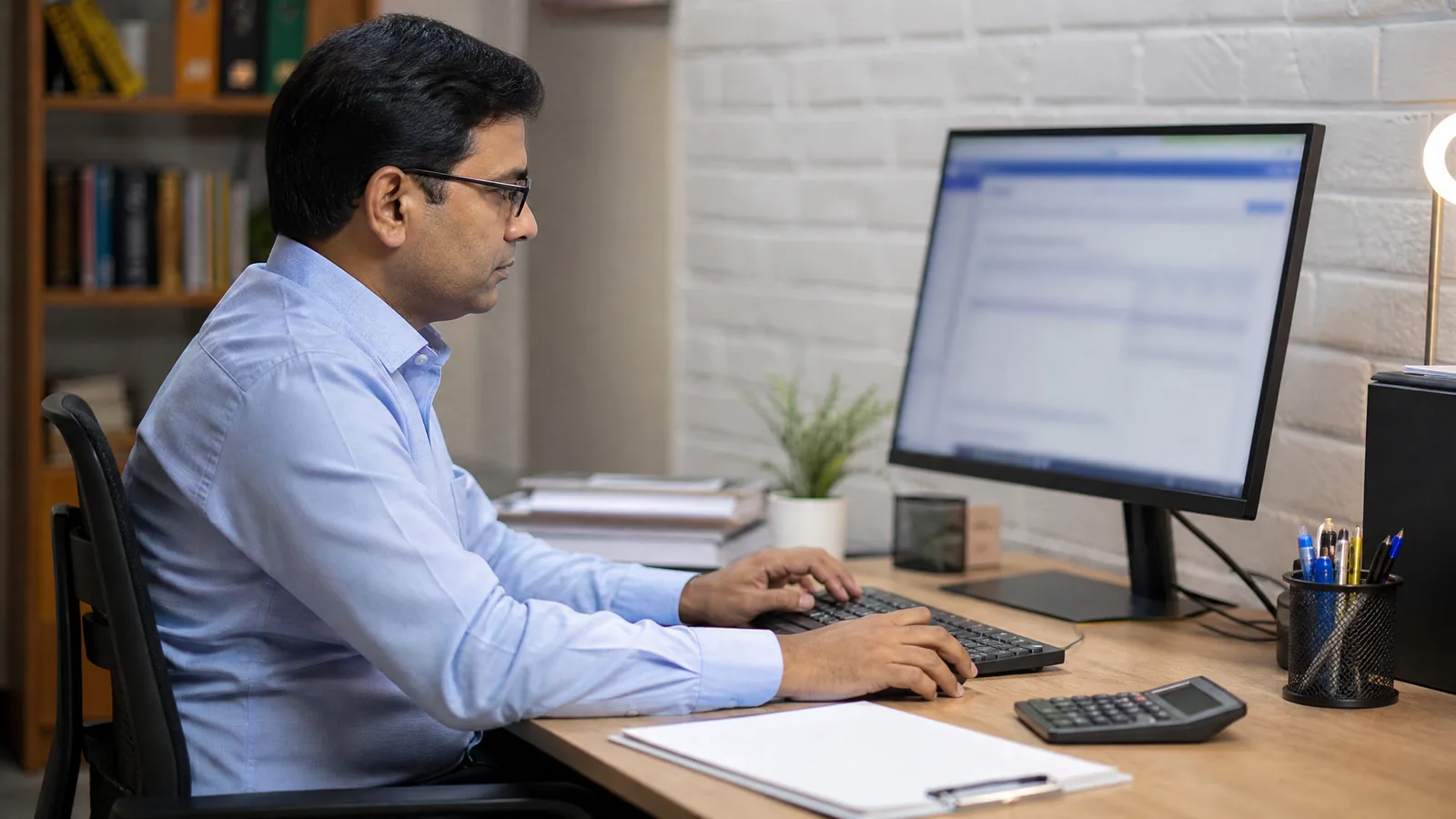 A tax professional reviews an offline return utility without visible personal information.