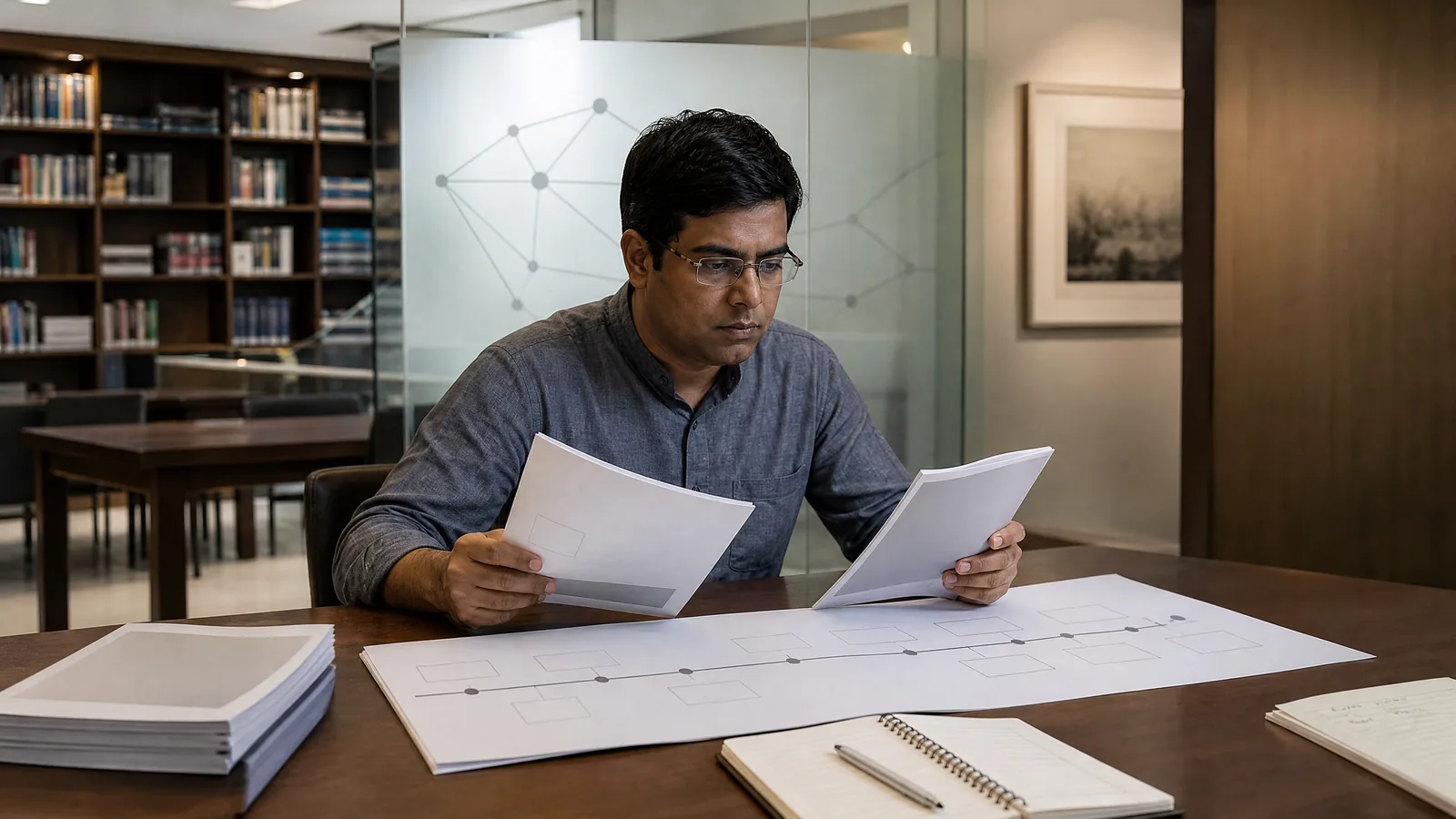 An Indian researcher reviews neutral policy papers and a timeline in a financial reading room.