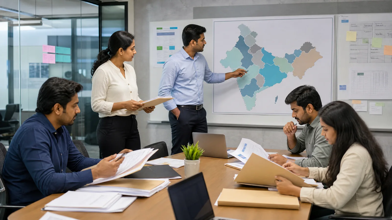 Insurance analysts compare anonymized claims and coverage information in an Indian office.