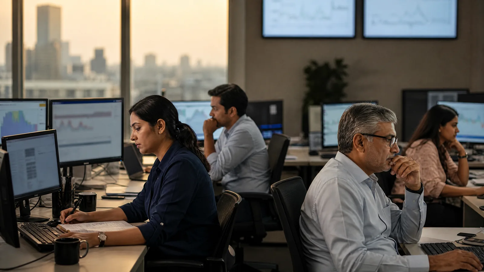 Analysts review a completed Indian market session in a newsroom with unreadable screens.