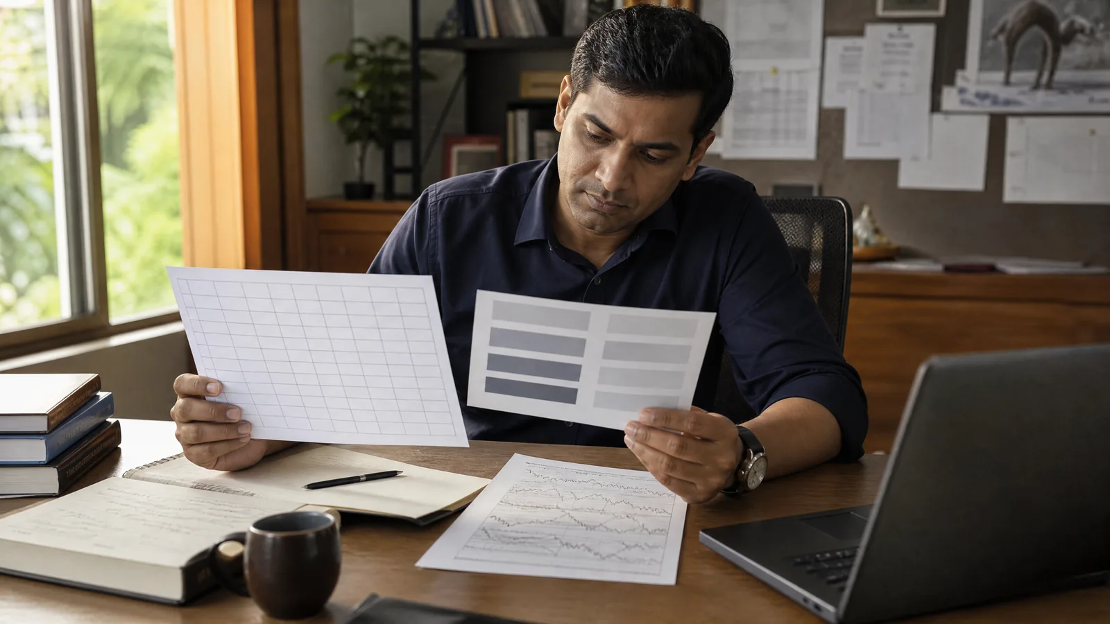 A financial journalist compares breadth, weighting and volatility notes with unreadable data.