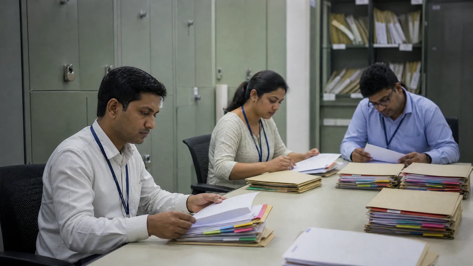 Bank compliance staff review different account-reporting categories without exposed customer data.