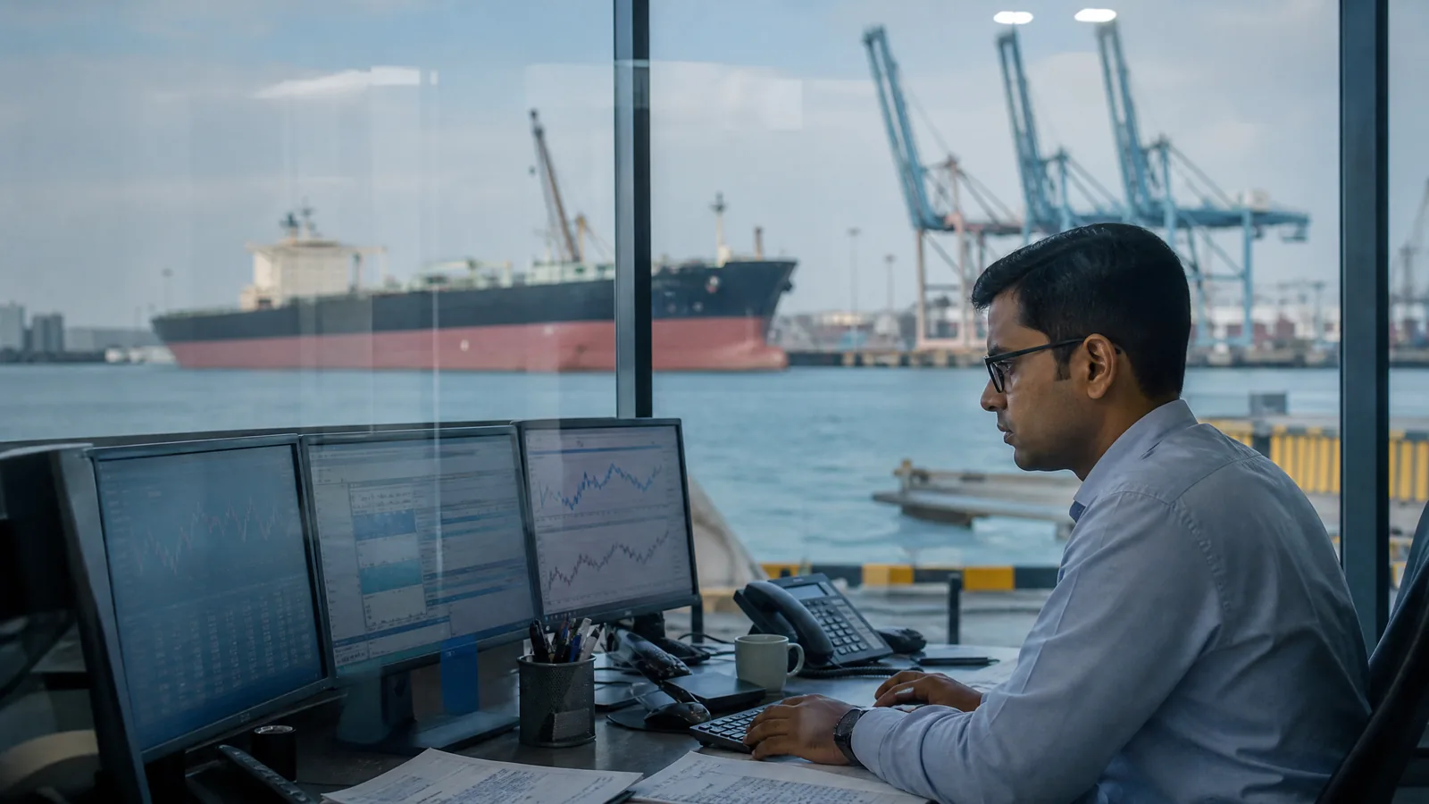 An Indian port and finance office illustrate the link between imported oil and domestic markets.