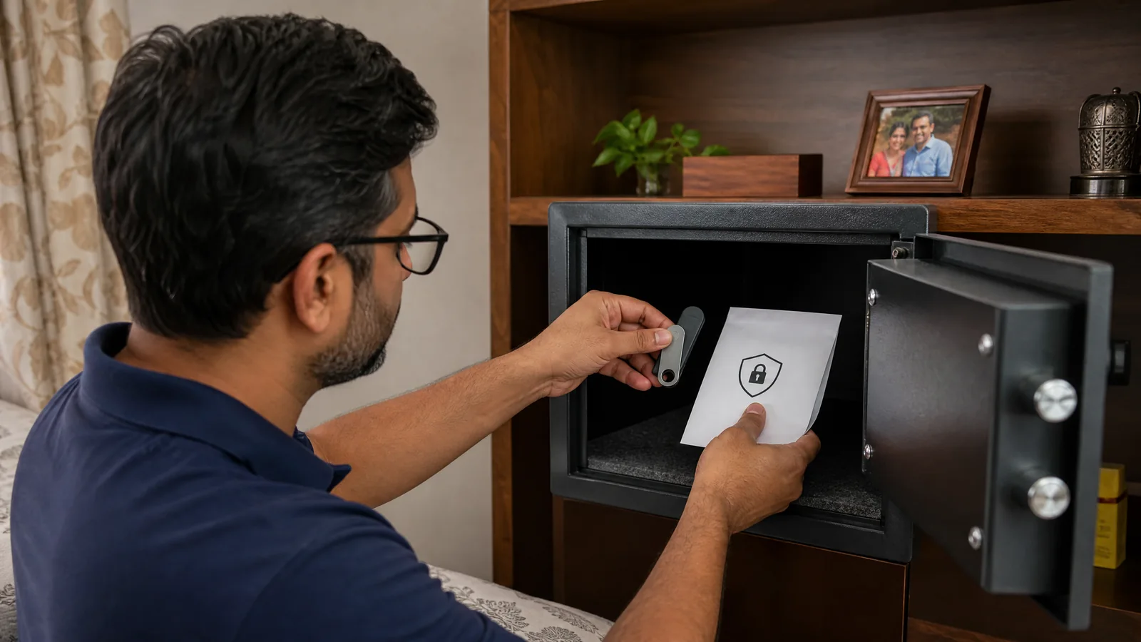 A person secures a generic hardware device and sealed recovery envelope in a home safe.