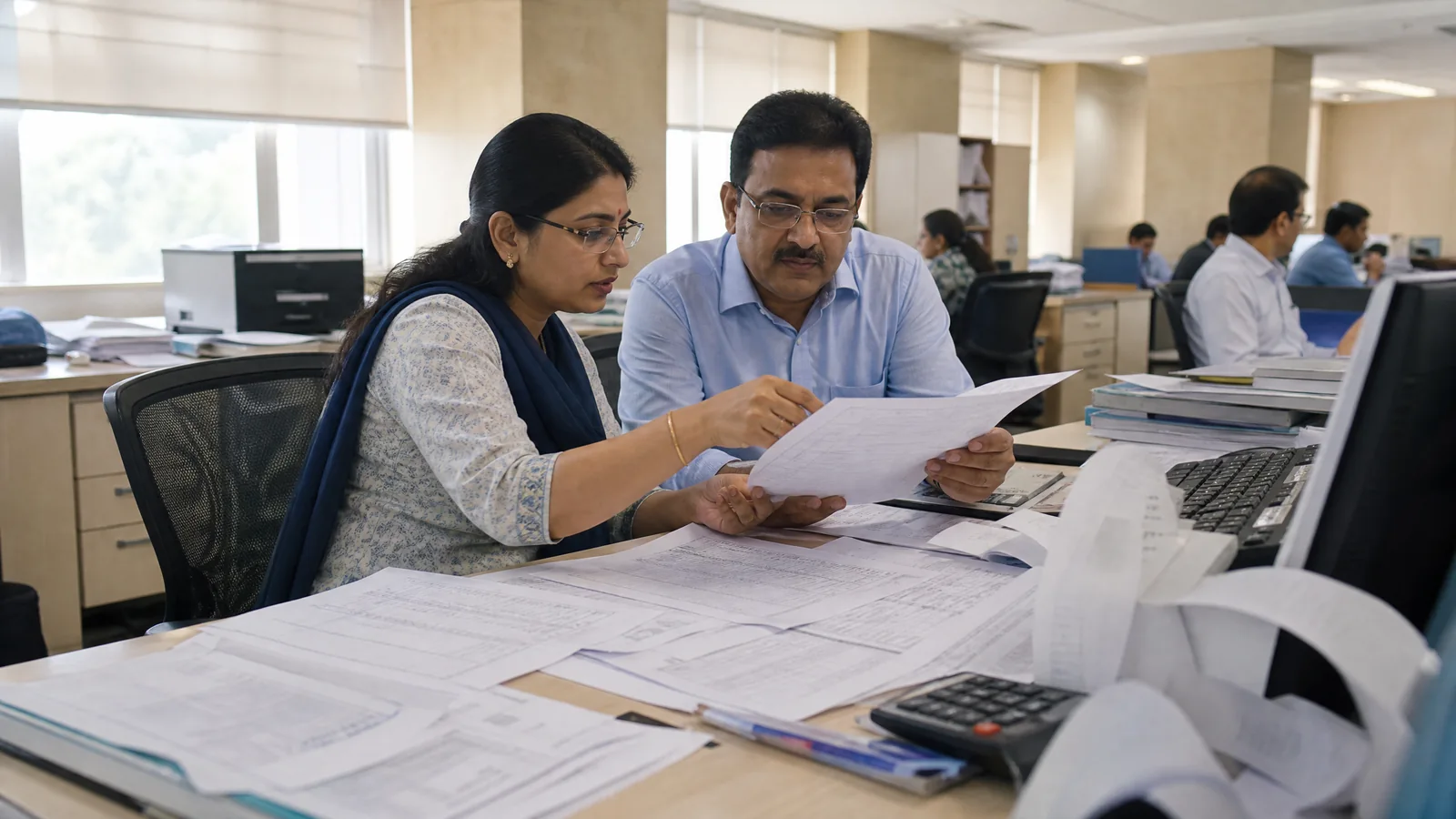 Treasury staff compare short-term government borrowing maturities at an Indian bank desk.