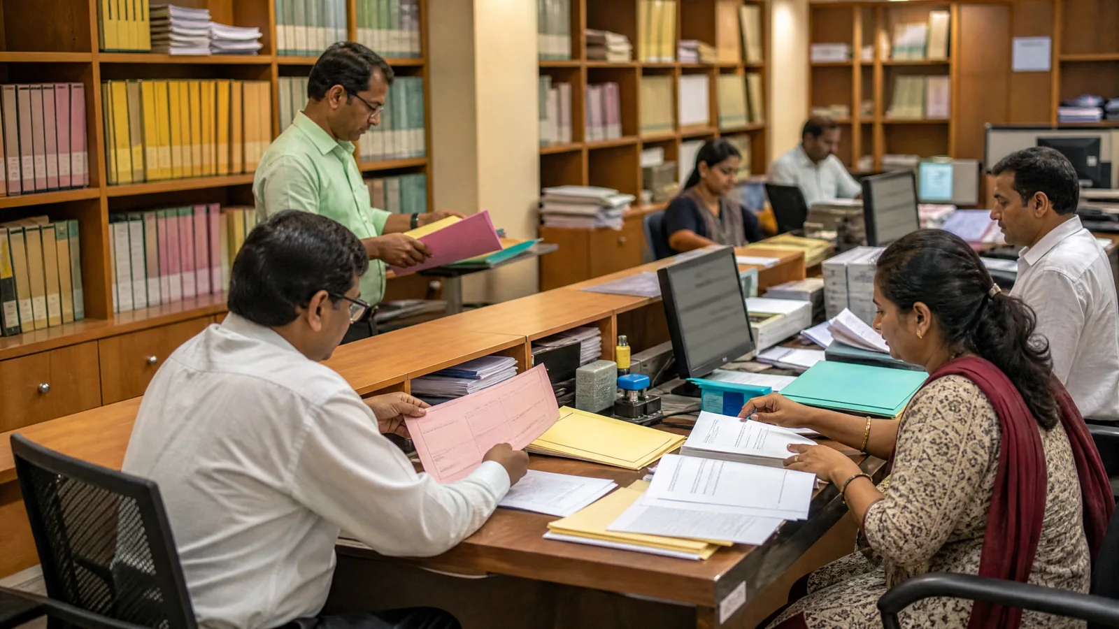 Operations staff separate entitlement, subscription and allotment records at a registrar desk.
