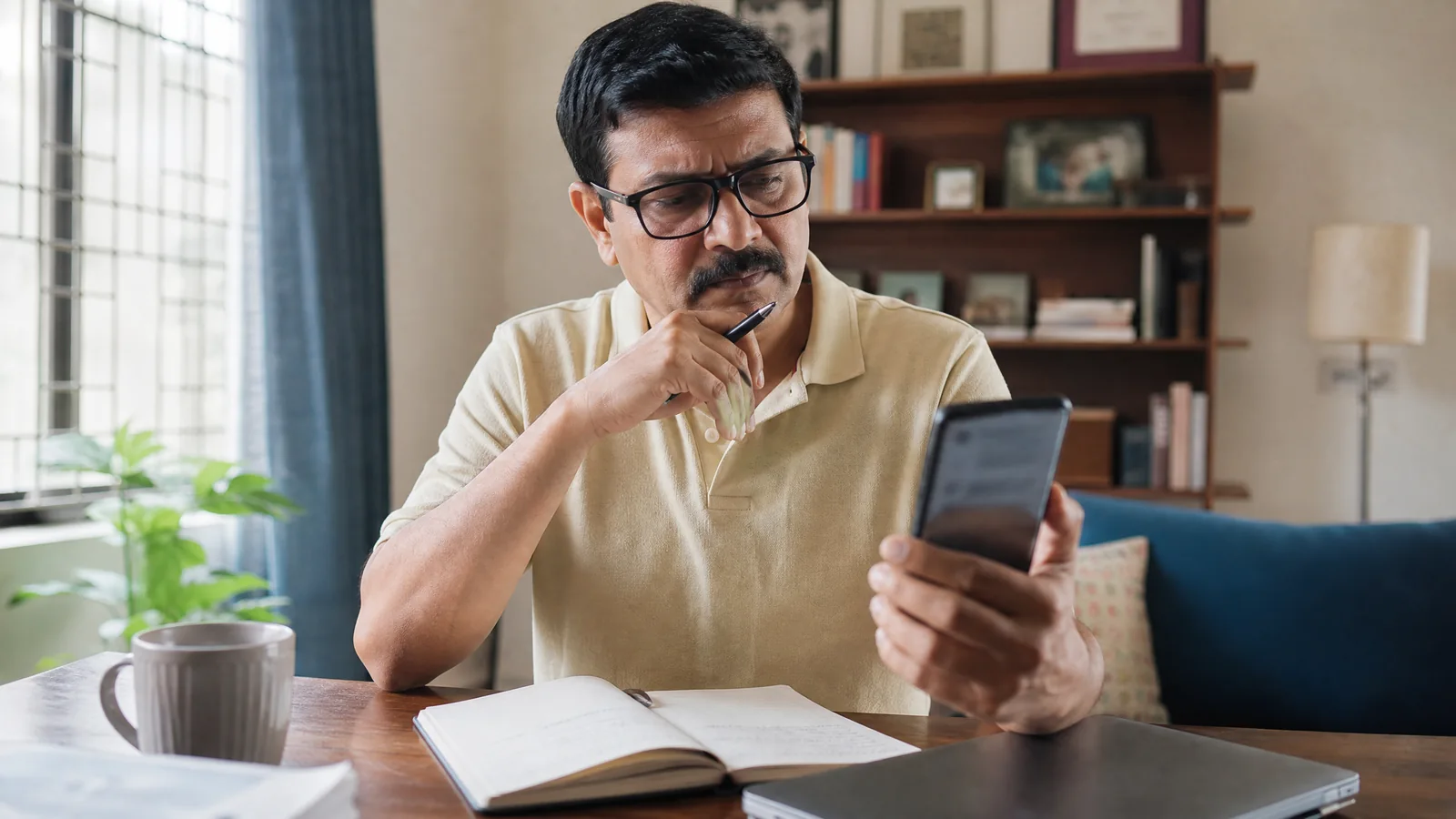 A careful reader pauses to verify a suspicious financial message using a separate notebook.