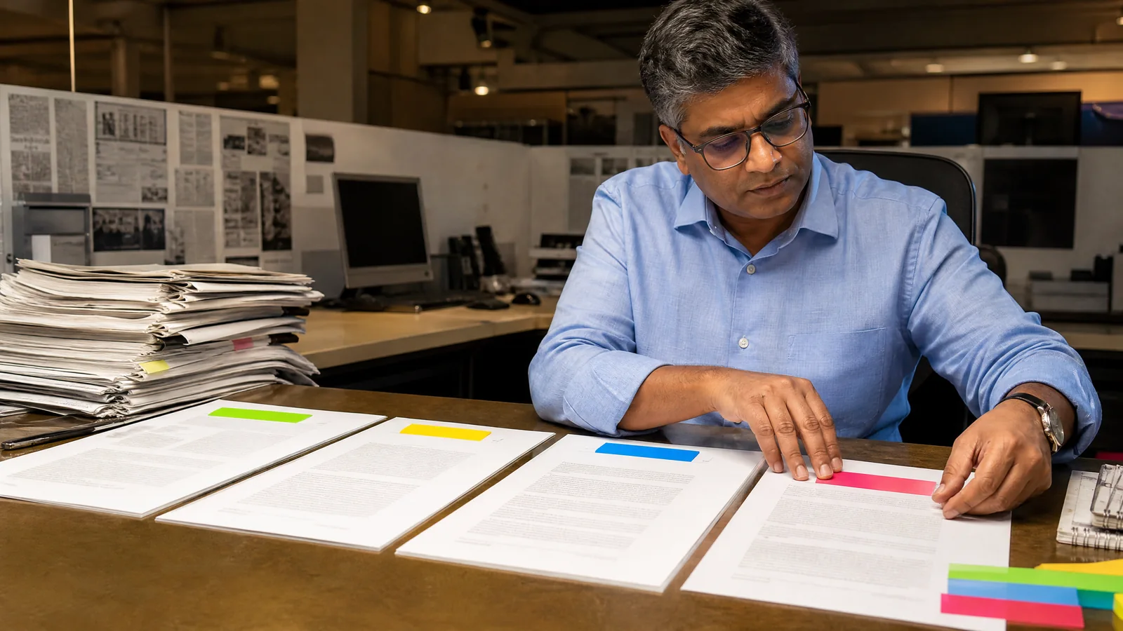 An editor arranges colored status tabs across neutral article proofs.