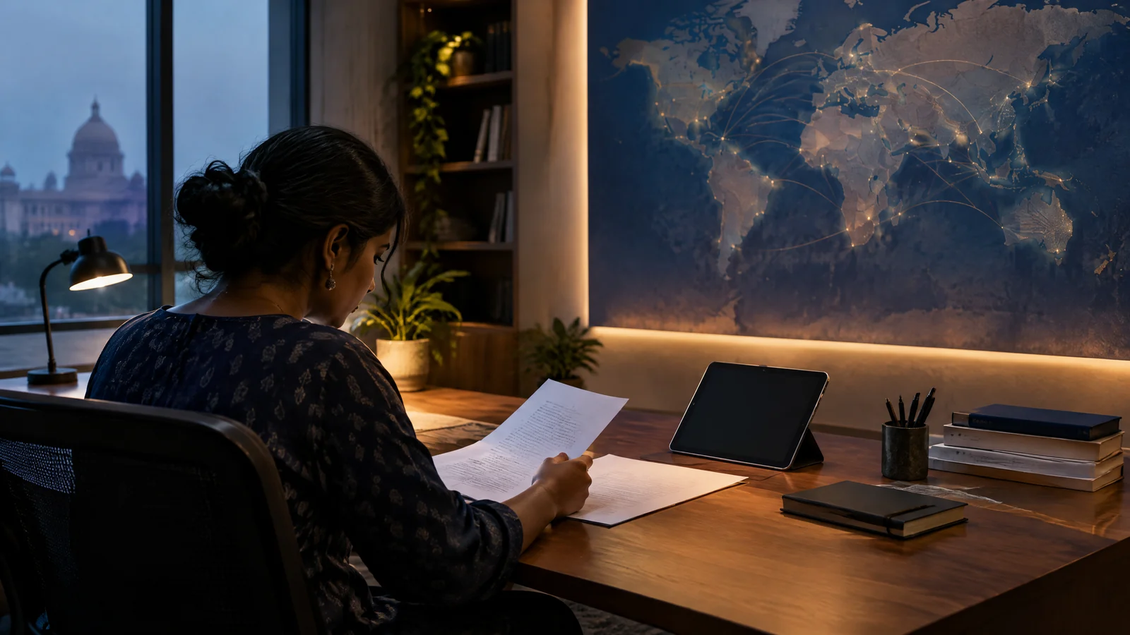 Indian trade-policy analyst reviewing blank papers and an abstract, non-directional trade map in a quiet New Delhi workspace.