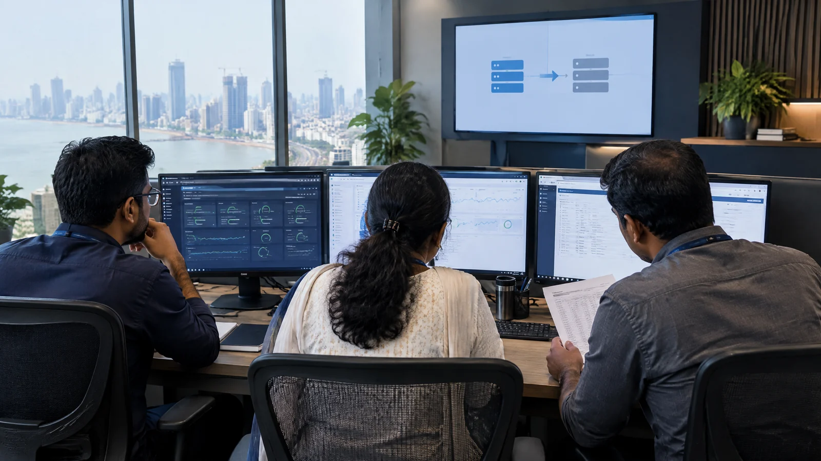 Indian market-operations staff viewing generic system-health blocks and an unreadable primary-to-backup mock-session workflow in a calm office.