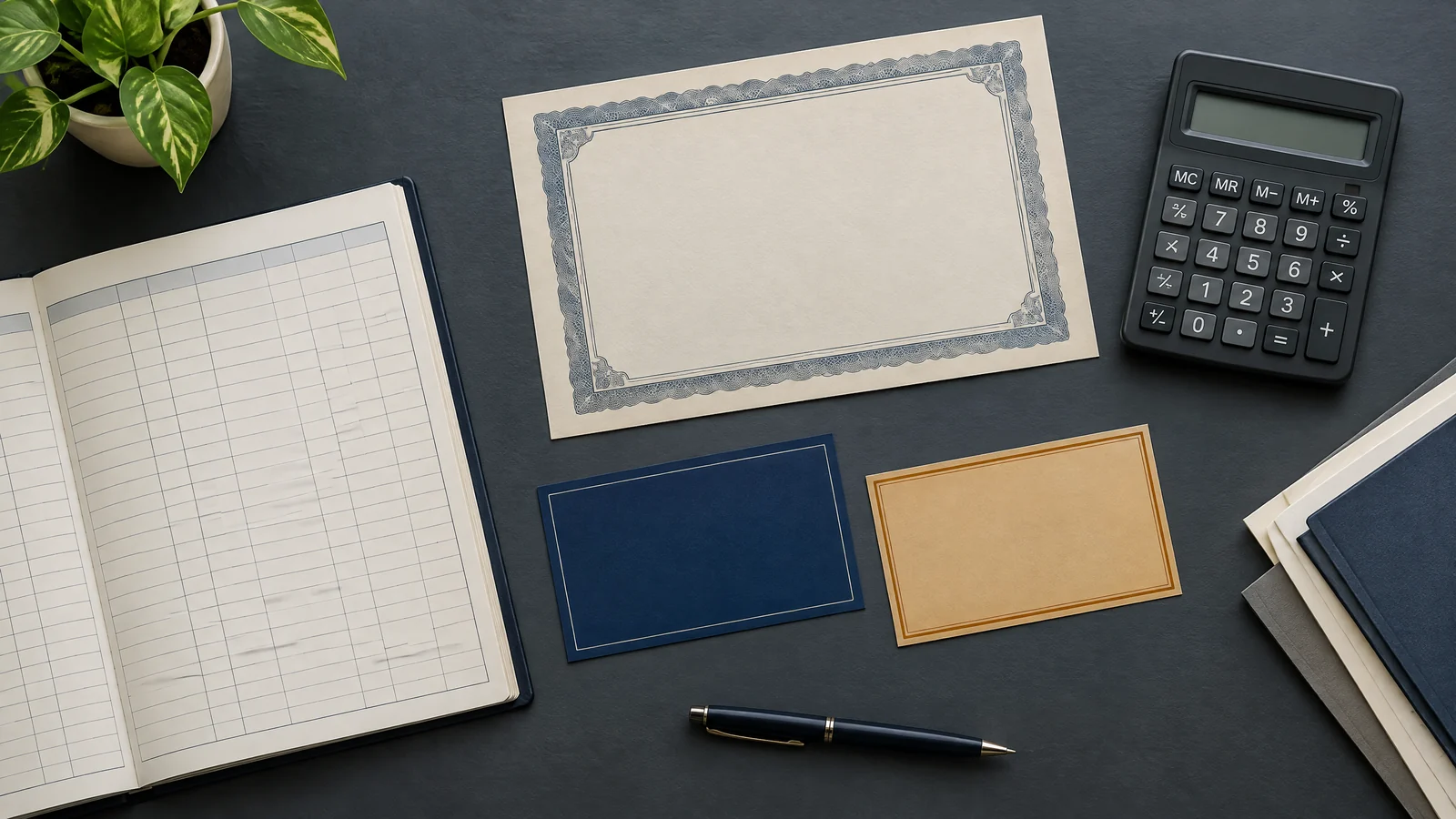 Generic Indian securities ledger with separate unbranded cards for allotted equity and conditional warrants beside a plain calculator.