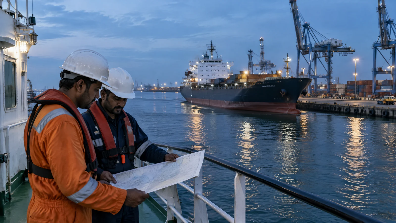 Two anonymous Indian seafarers reviewing an unreadable navigation chart beside a working commercial port at blue hour.