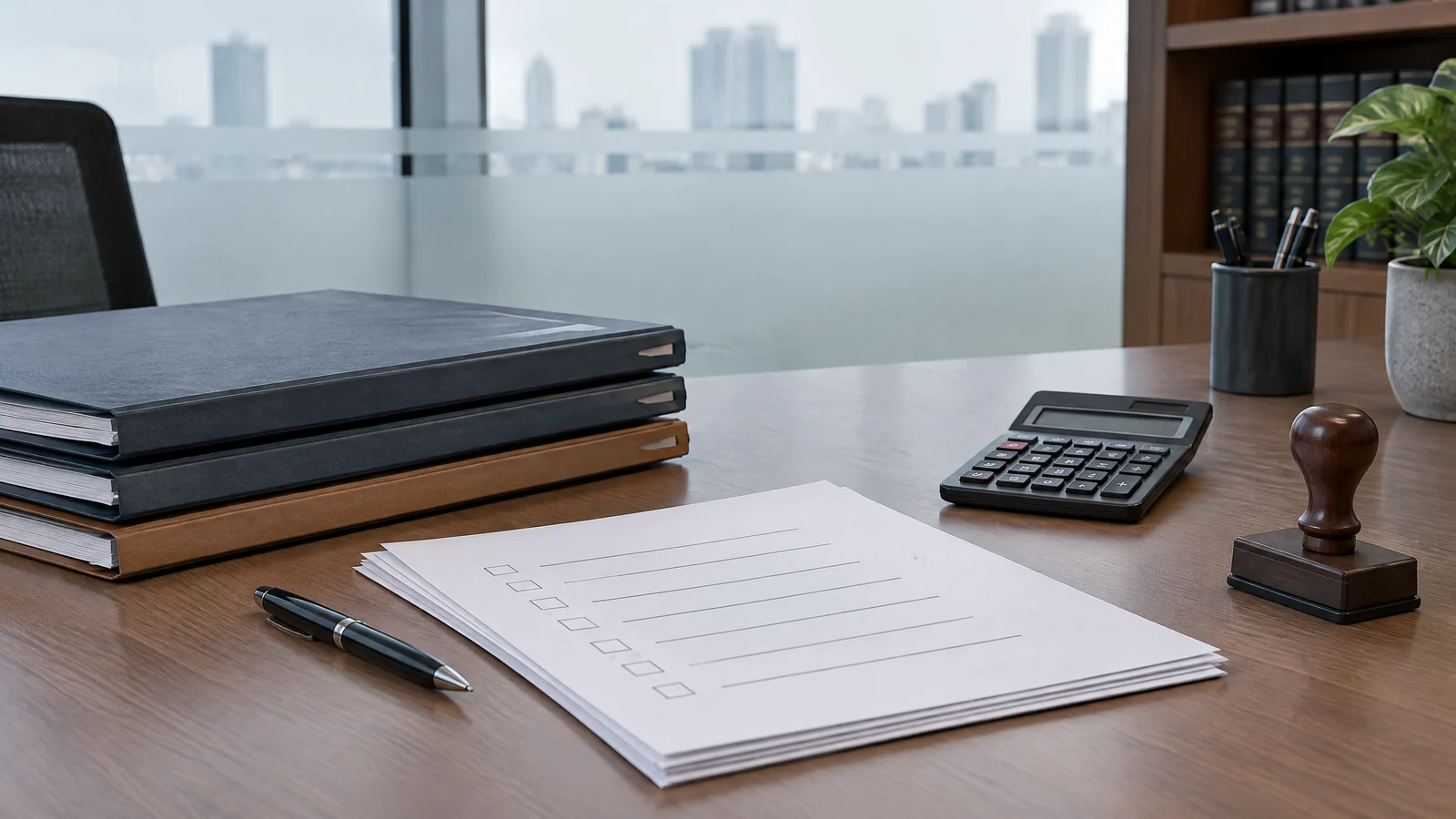 Unbranded transaction papers, an unused stamp, blank approval checklists and a calculator on a neutral Indian corporate-law desk.