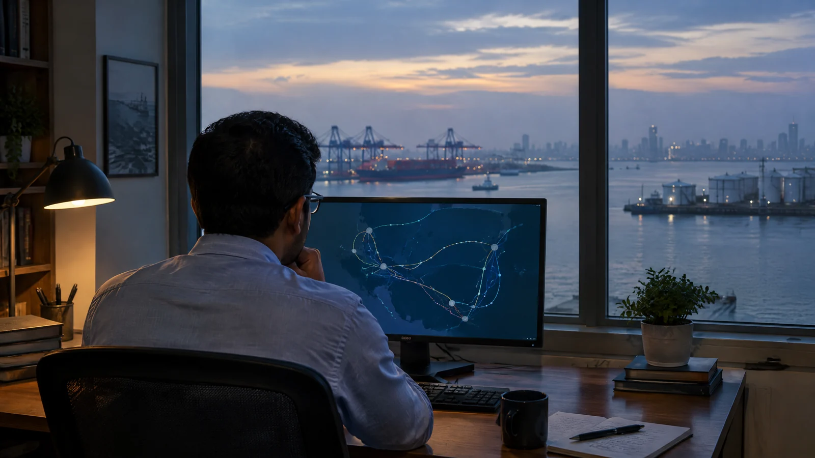 Indian energy-logistics analyst reviewing an abstract, unreadable regional transport diagram in a modest coastal office with a distant port.