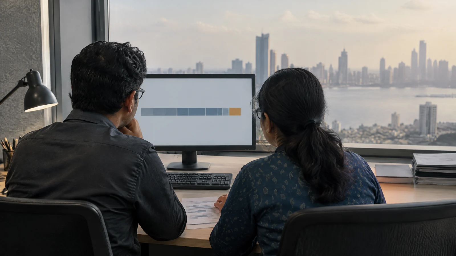 Indian market-operations team reviewing an abstract, non-numeric closing-auction timeline on an unbranded monitor in a modest Mumbai office.