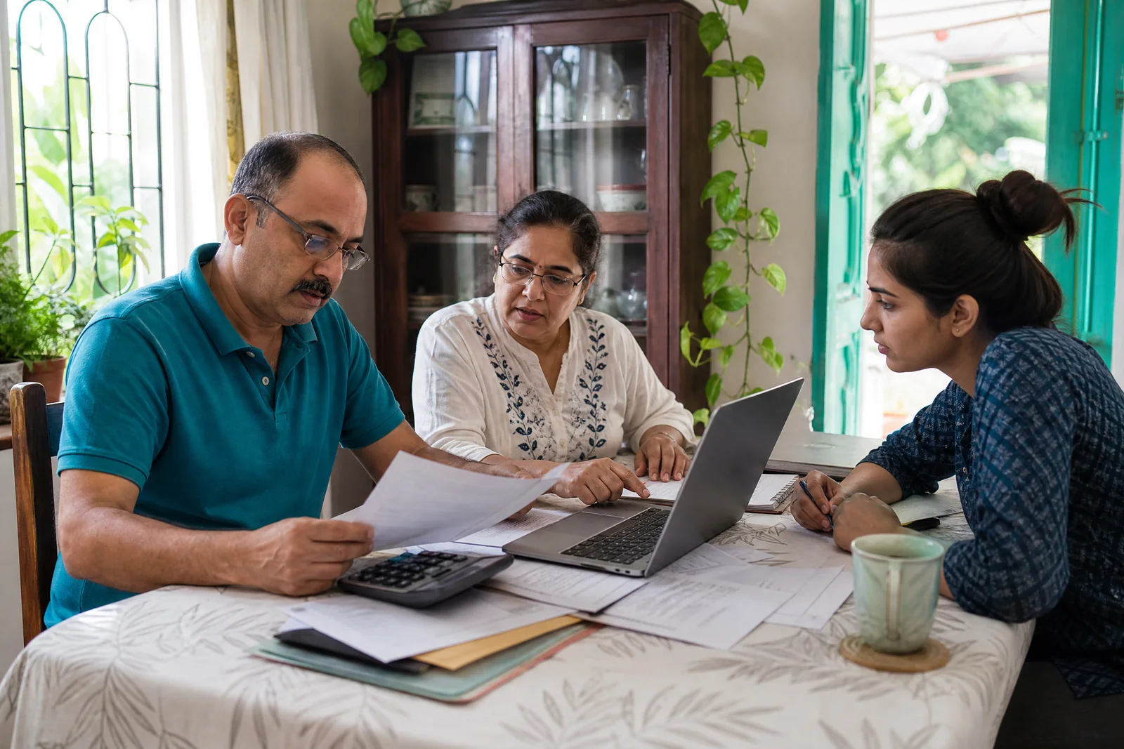 Indian family reviewing tax, insurance and household finance documents at home